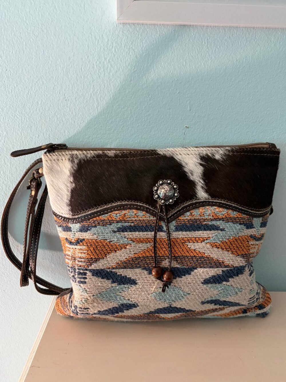 Myra Bag Hair-On Cowhide Southwestern Canvas Crossbody Wristlet Concho